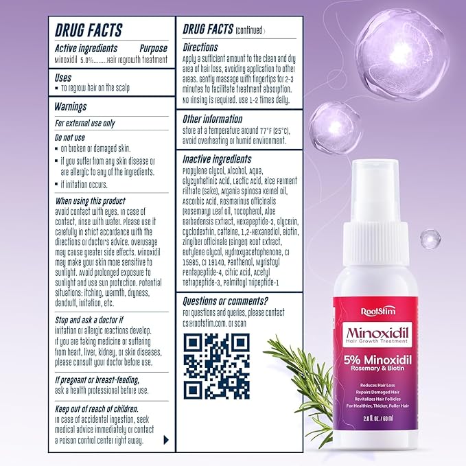 5% Minoxidil Spray for Women Hair Growth: RootStim Extra Strength Hair Regrowth Treatment with Rosemary & Biotin for Thinning Hair, Fuller & Healthier Hair - 2 Fl Oz