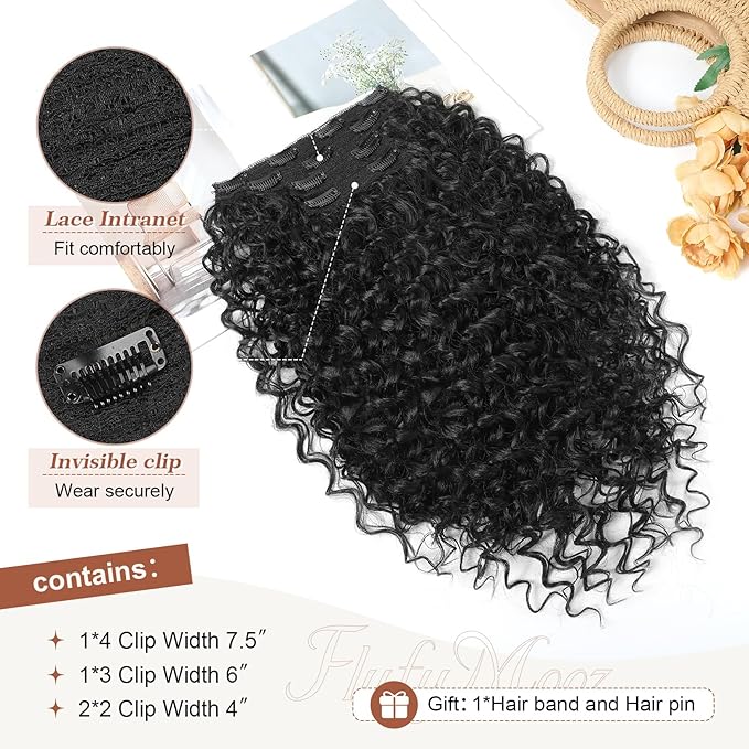 Clip in Hair Extensions, FLUFYMOOZ 4PC 100％ Pure Protein Silk Hair Extensions Long Soft Natural Hairpiece 20 Inch Curly Hair Extension for Women (Black)