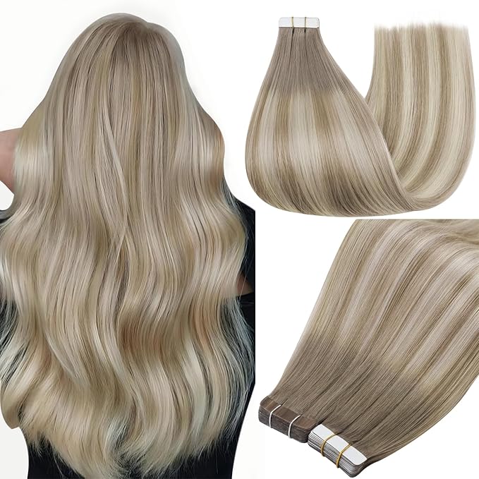 Full Shine Blonde Tape in Hair Extensions Human Hair 14Inch Double Sided Tape in Extension Color 19/8/60 Grey Ombre Ash Brown And Blonde Human Hair Straight Hair Extension Tape ins for Women 50G 20Pcs