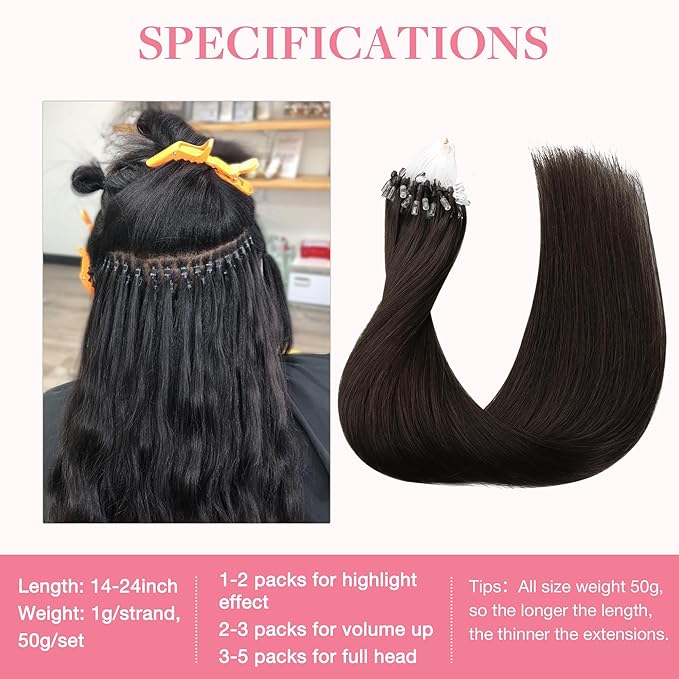 GOO GOO Micro Link Tip Hair Extensions, Real Human Hair, 18inch 50g 50S, Cold Fusion, Invisible Remy, 2 Dark Brown