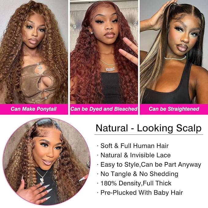 200% Density Highlight Ombre Deep Wave Lace Front Wigs Human Hair 4/27 Colored Honey Blonde Human Hair Wig 13x6 HD Lace Front Wig Pre Plucked 22 Inch