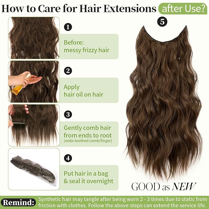 KooKaStyle Invisible Wire Hair Extensions with Transparent Wire Adjustable Size Long Wavy Synthetic Hairpiece Rich Medium Brown 16 Inch with 4 Secure Clips for Women
