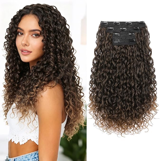 FLUFYMOOZ Clip in Hair Extensions, 18'' 4PC 100％ Pure Protein Silk Curly Hair extension for Women Lace Weft Hairpiece Natural Soft and comfortable for Daily Use-Dark Almond Brown with Copper
