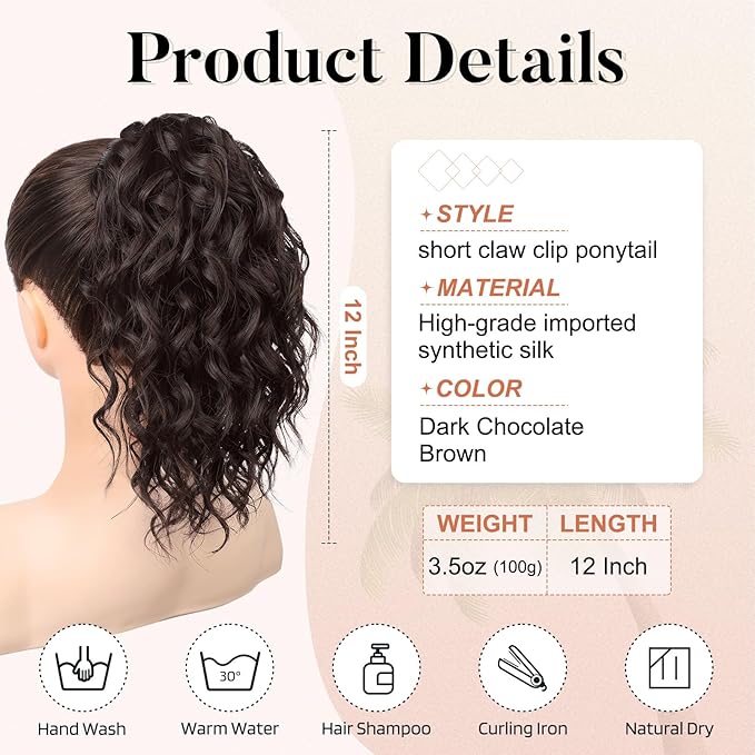 Flufymooz Ponytail Extension, 12" Short Claw Ponytail Extension Wavy Curly Jaw Clip in Pony tails Hair Extension Natural Synthetic Hairpiece for Women (Dark Chocolate Brown)