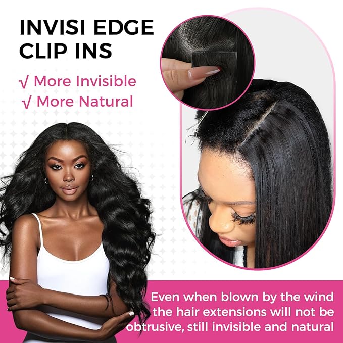 Lashey Invisi Edge Clip in Hair Extensions, 7pcs 110g 24 Inch Natural Black Seamless Clip in Hair Extensions Human Hair Body Wave Real Remy Human Hair