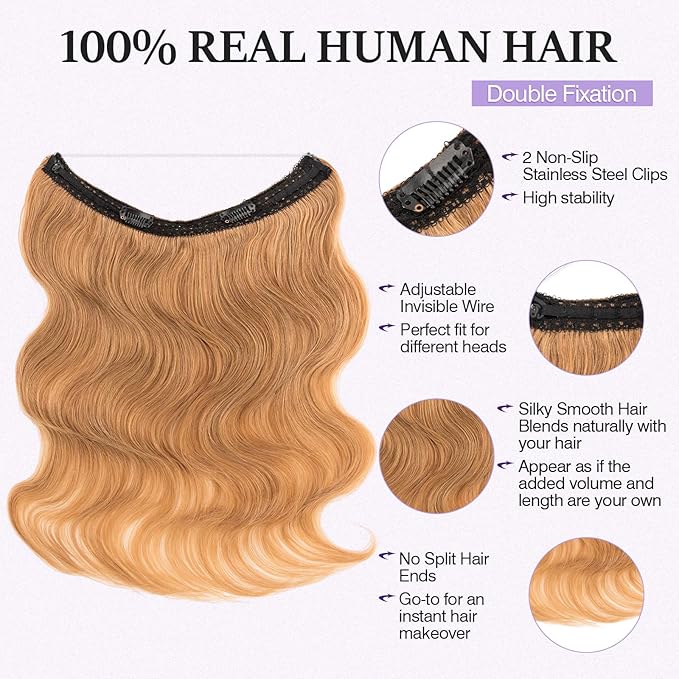 Halo Hair Extensions Real Human Hair,Halo Hair Extension 100% Human Hair,Wire Hair Extensions,Wavy 27 Dark Blonde 65g/16inch