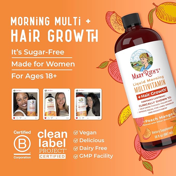 MaryRuth's Liquid Multivitamin+Hair Growth | Clinically Tested for Thicker Hair & Facial Wrinkles in Women | Biotin 10000mcg | Lustriva Hair Growth Supplement | Skin Care | Age 18+ | 30 Fl Oz