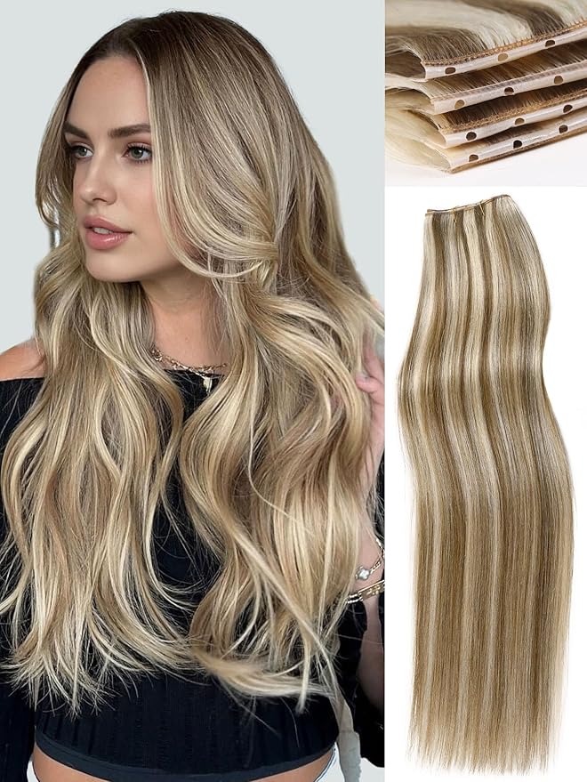 WIGNEE OVO 18 Inch Butterfly Invisible Weft Hair Extensions Human Hair, 1PC 50g Double Layer 13 Inch Wide Seamless Cuttable Blended Blonde with Micro Beads, Glueless Install for Thin Hair Volume