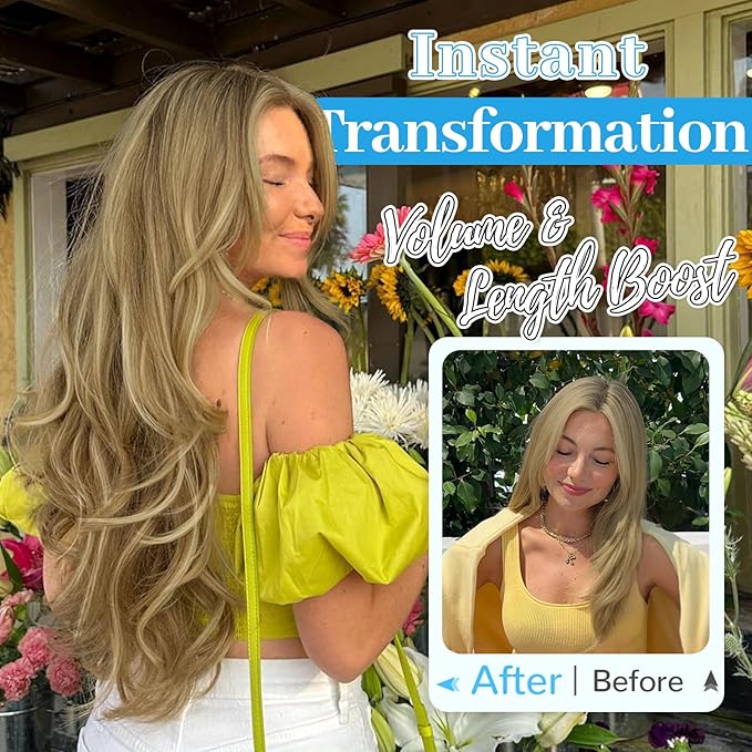 KooKaStyle Invisible Wire Hair Extensions Long Straight Layered Synthetic with Transparent Wire Adjustable Size 6 Secure Clips Hairpieces for Women(20 Inch,Honey Blonde with Platinum Highlights)