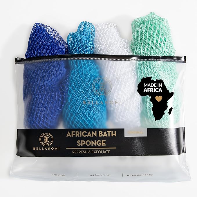 BELLANOMI 4 Piece African Exfoliating Net Sponge Long African Bath Sponge, Authentic Ethically Sourced from Nigeria, Great for Daily Use (Blue, White, Seafoam,Navy Blue)
