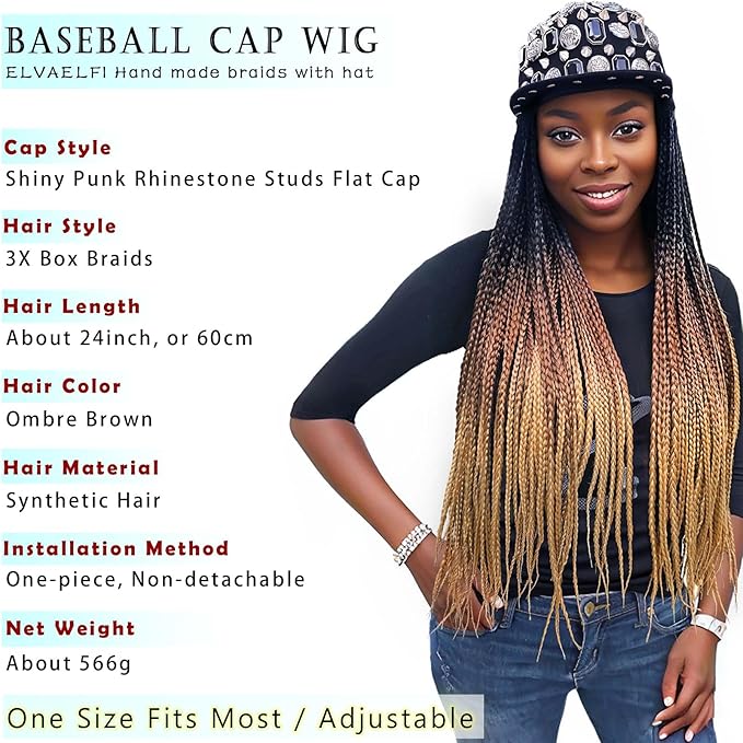 24inch Box Braid Hair Extensions Ombre Brown, Punk Studs Flat Baseball Cap Wigs for Women Girls Easy Wear