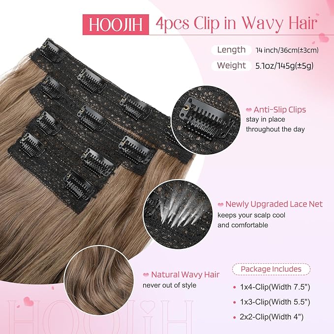 HOOJIH Clip in Hair Extensions 4PCS 14" Short Curly Clip on Hair Extensions Invisible Lace Weft Natural Soft Hairpieces for Women - Light with Golden Ends