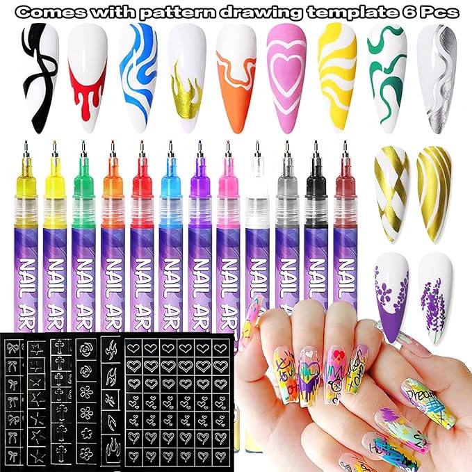 12 Color Nail Art Pens 0.5 MM Nail Polish Pens Set Drawing Painting Point Liner Acrylic Painted Pen Kit Waterproof and Quick-drying Nail for DIY Nails Art Design Manicure Tools (Pattern Templates)