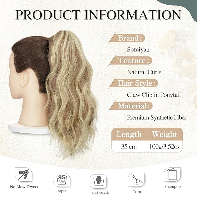 SOFEIYAN 14" Ponytail Extension, Short Wavy Claw Clip in Ponytail Hair Extension Synthetic Hairpieces Ash Brown & Bleach Blonde Layered Natural Fluffy Curly Drawstring Ponytail Hair Piece for Women