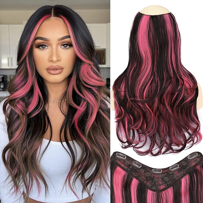 ALXNAN Long Wavy Hair Extensions for Women, Clip in Hair Extensions Clip Ins Soft Full Head Synthetic Hairpieces 20 Inch Black Mix Rose Pink Highlights