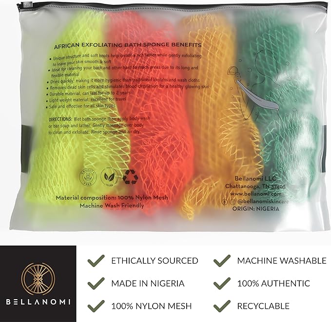 BELLANOMI 4 Piece African Exfoliating Net Sponge Long African Bath Sponge, Authentic Ethically Sourced from Nigeria, Great for Daily Use (Key Lime, Yellow, Orange, Lemon)