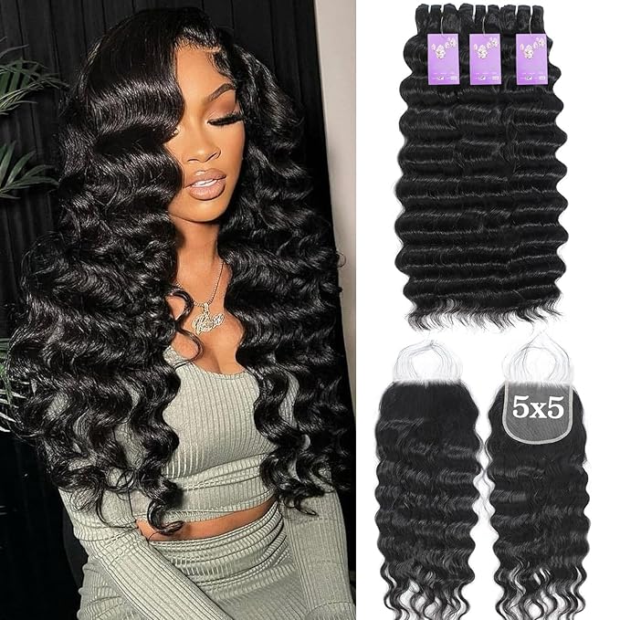 FASHION PLUS Raw Human Hair Loose Wave Bundles with Closure (24 26 28 +20) 5x5 HD Lace Closure 15A Raw Brazilian Loose Deep Wave Human Hair Bundles Triple Lifespan