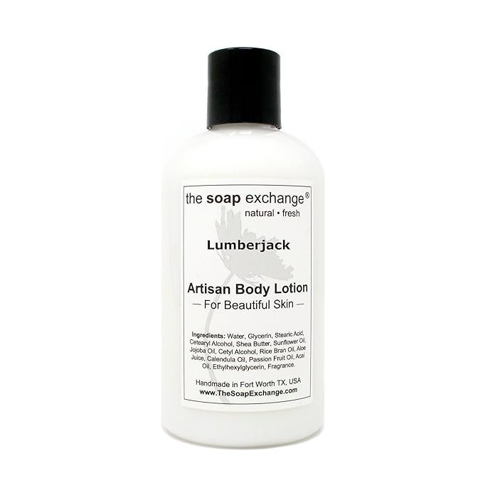 The Soap Exchange Body Lotion - Lumberjack Scent - Hand Crafted 8 fl oz / 240 ml Natural Artisan Skin Care for Hand, Face, & Body, Moisturize, Hydrate, & Protect. Made in the USA.