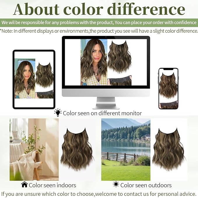KooKaStyle Invisible Wire Hair Extensions with Transparent Headband Adjustable Size 4 Secure Clips Long Wavy Highlight Hairpiece 12 Inch Balayage Chocolate Brown to Caramel Blonde for Women