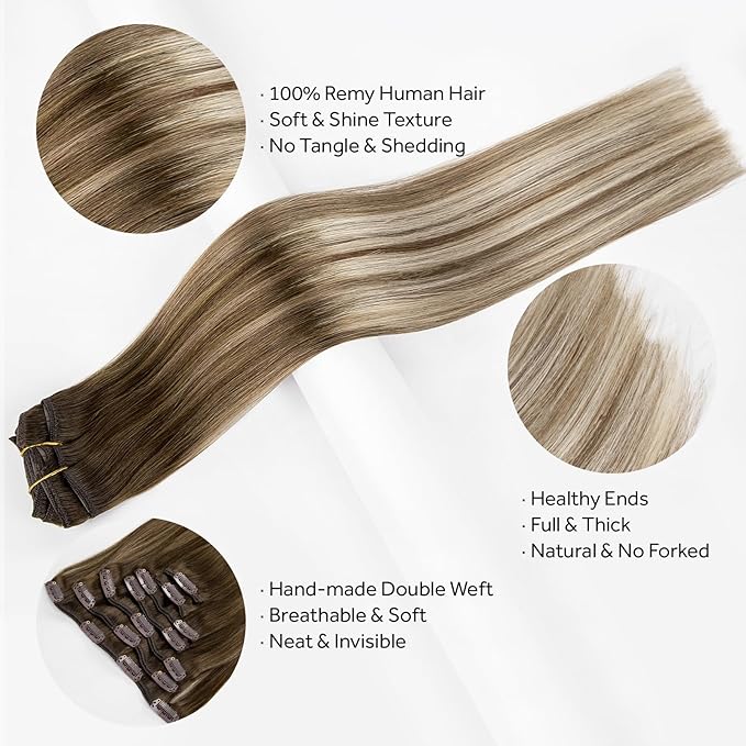 Clip in Hair Extensions Real Human Hair, Silky Straight Remy Hair Extensions for Women, Balayage Walnut Brown to Ash Brown and Bleach Blonde #3TP8/613 20Inch 120G 7PCS