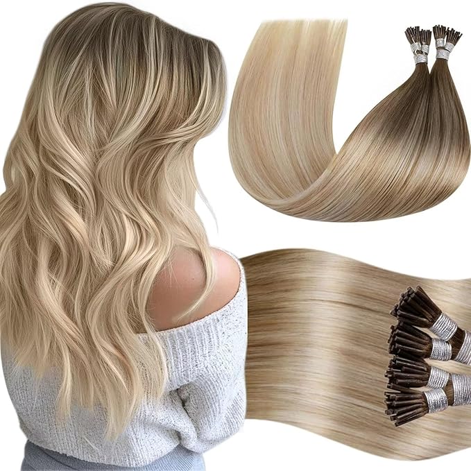 LaaVoo I Tips Hair Extensions Real Human Hair Balayage Brown to Ash Blonde with Platinum Blonde I Tip Hair Extensions 18in 50g 60s