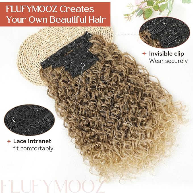 FLUFYMOOZ Clip in Hair Extensions, 18'' 4PC 100％ Pure Protein Silk Curly Hair extension for Women Lace Weft Hairpiece Natural Soft and comfortable for Daily Use-Dark Blonde to Light Brown