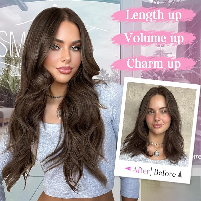 Invisible Wire Hair Extensions with Transparent Wire Adjustable Size 4 Secure Clips Long Wavy Secret Hairpiece 20 Inch for Women(Medium Brown)