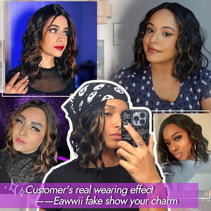 Black Mix Brown Short Wavy Wig for Women Lace Hairline Bob Style Synthetic Heat Resistant - Natural Appearance for Everyday Hairstyle 14 Inch