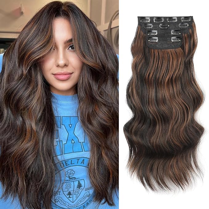 Vigorous Clip in Hair Extensions 20 Inch Black mix Brown Hair Extension 4Pcs Long Wavy Soft Synthetic Hairpieces for Women