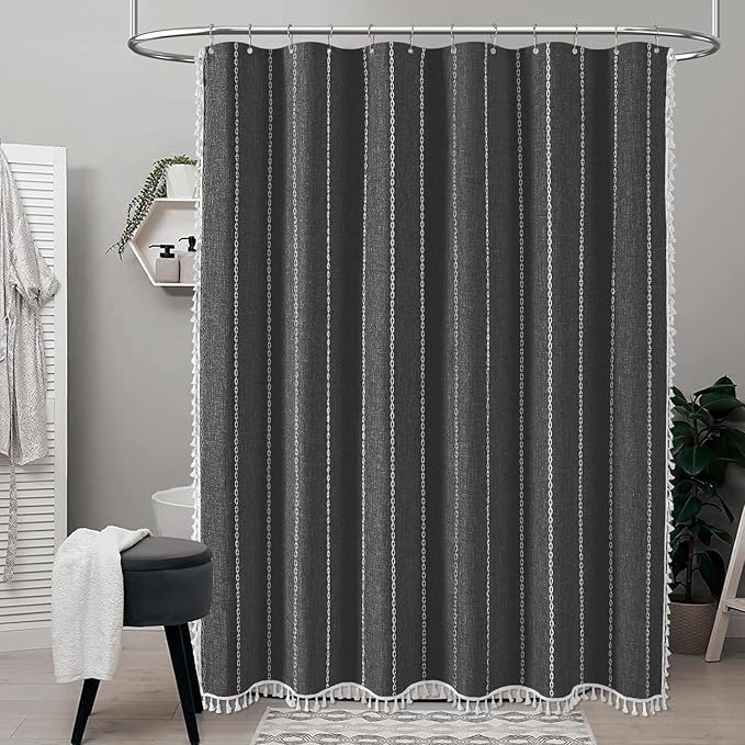 BTTN Boho Farmhouse Shower Curtain - Linen Rustic Heavy Duty Striped Fabric Shower Curtain Set, Bohemian Vintage Country Cloth Shower Curtains for Bathroom, Charcoal Grey, 72" W x 78" L (Pack of 1)
