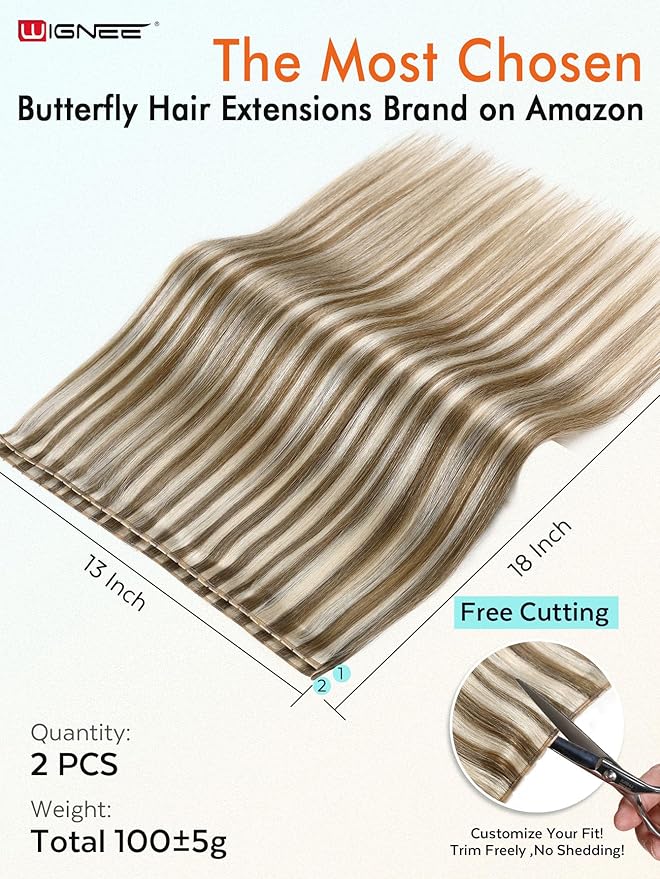 WIGNEE Butterfly OVO Weft Hair Extensions Human Hair Blonde Ombre 18 Inch Seamless Invisible Glueless Salon Quality with Micro Beads Add Volume & Length for White Women(9A/60)