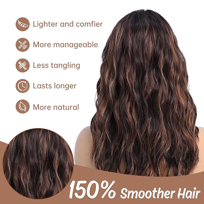 Brown with Highlight Medium Length Wigs for Women Dark Brown Mixed Gold Wig Middle Part Synthetic Hair Wigs Wavy Natural Hair for Daily Party Use Colourful Wig