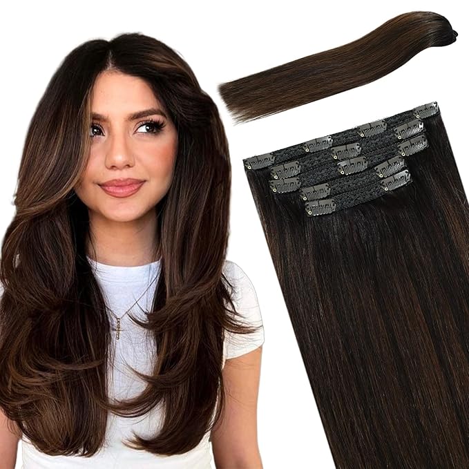 Clip in Hair Extensions Balayage Dark Brown to Chestnut Brown Ombre Real Human Hair 12 Inch 80g 5pcs Natural Remy Hair Extensions