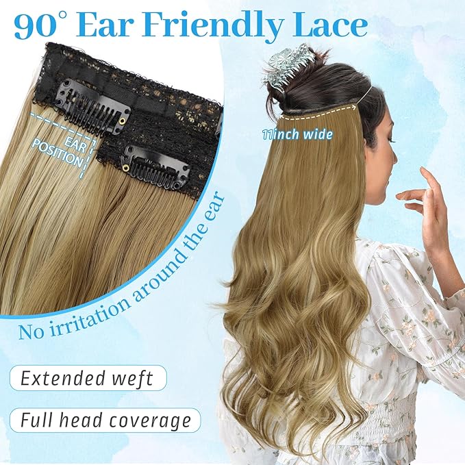 KooKaStyle Invisible Wire Hair Extensions Long Straight Layered Synthetic with Transparent Wire Adjustable Size 6 Secure Clips Hairpieces for Women(20 Inch,Honey Blonde with Platinum Highlights)