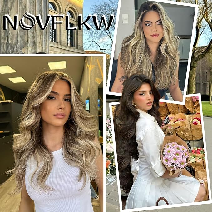 Ash Medium Brown Highlights Invisible Wire Hair Extensions Long Wavy Synthetic Hairpiece with 4 Secure Clips for Women 20 Inch Clip in Hair Extensions