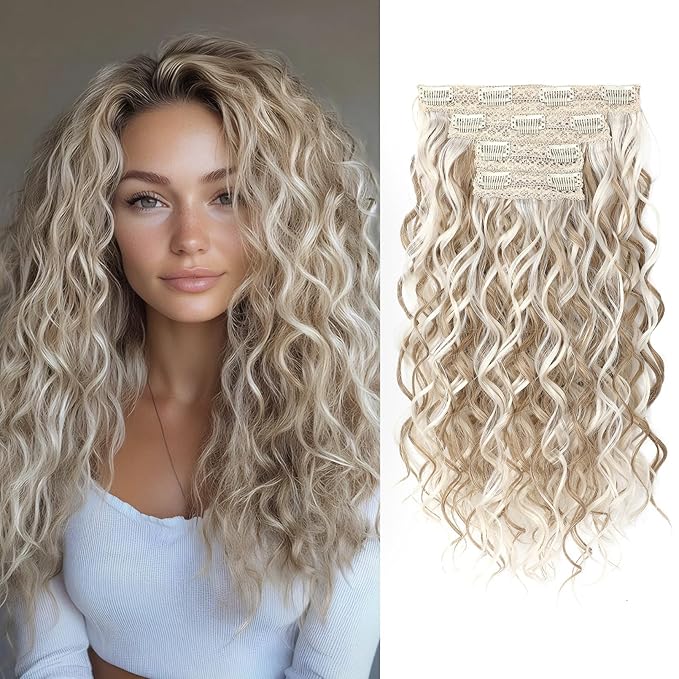 REECHO Curly Hair Extensions, 4PCS 16 inch Clip in Hair Extensions Lace Weft Short Curly Hair Extensions Clip Ins Invisible Natural Hairpieces for Women, Ash Blonde with Highlights