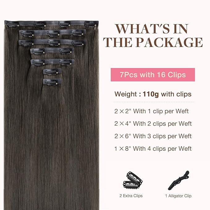 GOO GOO Clip in Hair Extensions Real Human Hair, Remy Human Hair Extensions Clip ins for Women, Natural Human Hair, 16inch 110g 7Pcs, 1C Mocha Brown