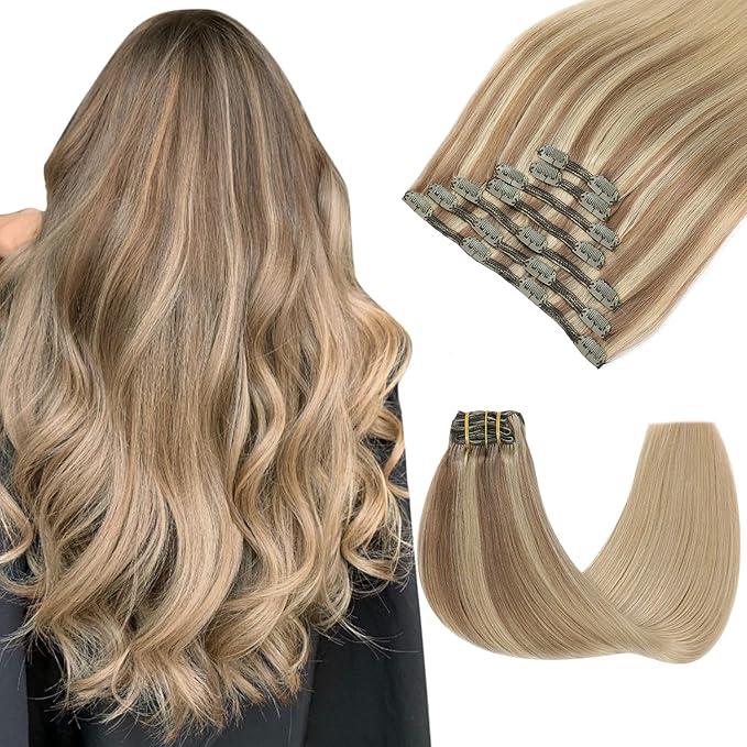 Clip in Hair Extensions Real Human Hair Remy Clip in Extensions 20 Inch 7pcs 160g Double Ash Brown to Caramel Blonde Hair Extensions (#10/27/27,20'')