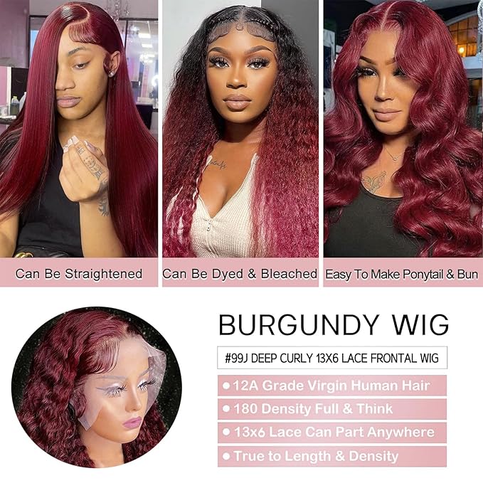 38 Inch 13x6 99j Burgundy Lace Front Wigs Human Hair Wigs For Women 180% Density 99J HD Deep Wave Lace Frontal Wigs Curly Wine Burgundy Wig Pre Plucked With Baby Hair