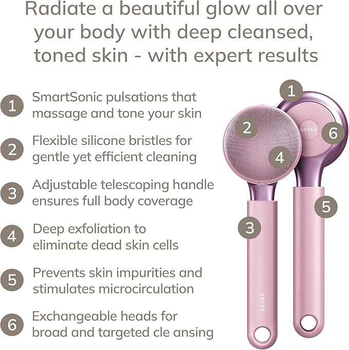 GESKE Sonic Full-Body Brush & Intensive Exfoliator | 8 in 1 | Electric Body Cleansing Brush | With SmartSonic Pulsations | Deep Cleansing, Exfoliation, Massage | Extendable Handle | Rough Skin Remover