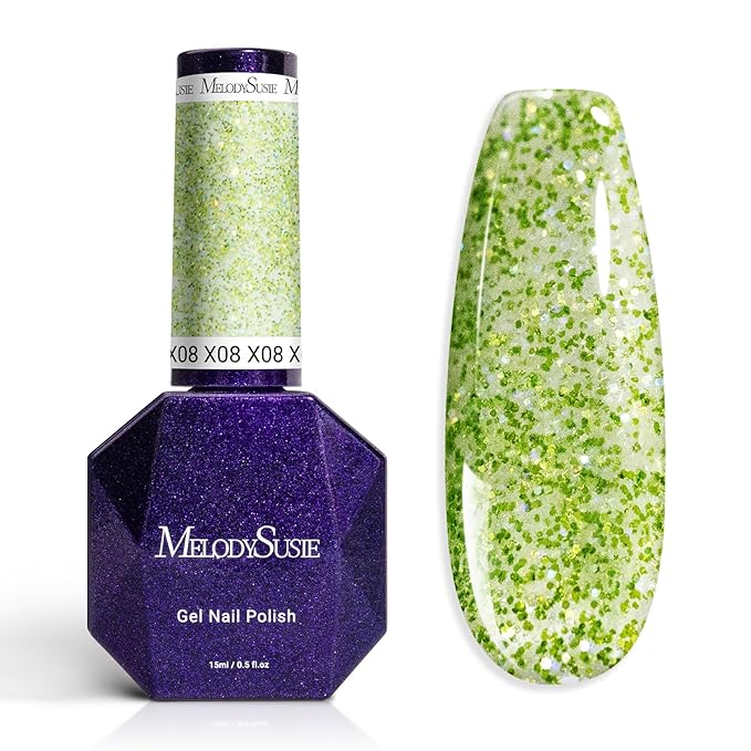 MelodySusie Galaliver Green Glitter Gel Nail Polish, 15ML Sparkly Bright Green Shimmer Gel Polish Soak Off UV LED Cured Long Lasting Gift for Women DIY Nail Design Nail Art Manicure X08