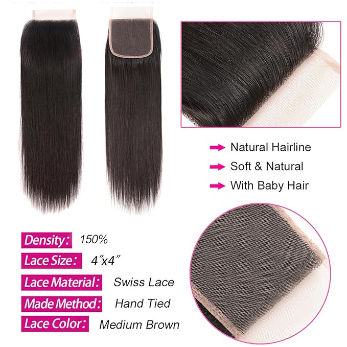 Straight HD Lace Closure Human Hair Extensions 100% Unprocessed Human Hair Frontal Free Part Closure With Baby Hair Natural Black 14 Inch