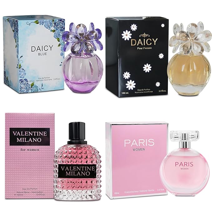 4PCS Perfume Set for Women - Floral Fragrance Gift Set with Vanilla,Sweet Fruity, Eau De Parfume| 3.4 Fl Oz Each Women's Cologne(Valentine Milano,Paris,Daicy Black/Blue)