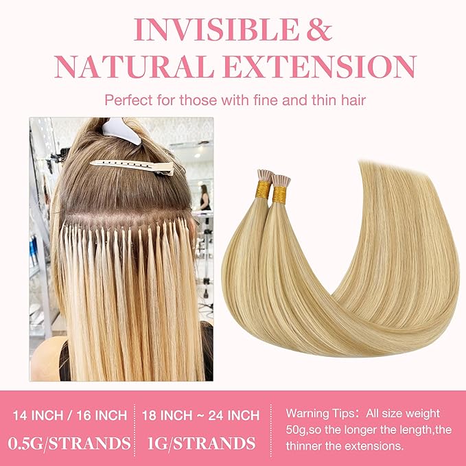 GOO GOO I Tip Hair Extensions - Real Human Hair, 14inch 50g 100S, Cold Fusion, Invisible Remy, 18D/22F Dirty Blonde Highlights