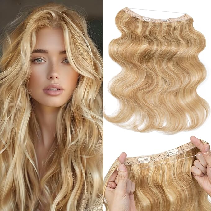 Halo Hair Extensions Real Human Hair,Halo Hair Extension 100% Human Hair,Wire Hair Extensions,Wavy 18P613 Gold Blonde Mixed Bleach Blonde 60g/14inch