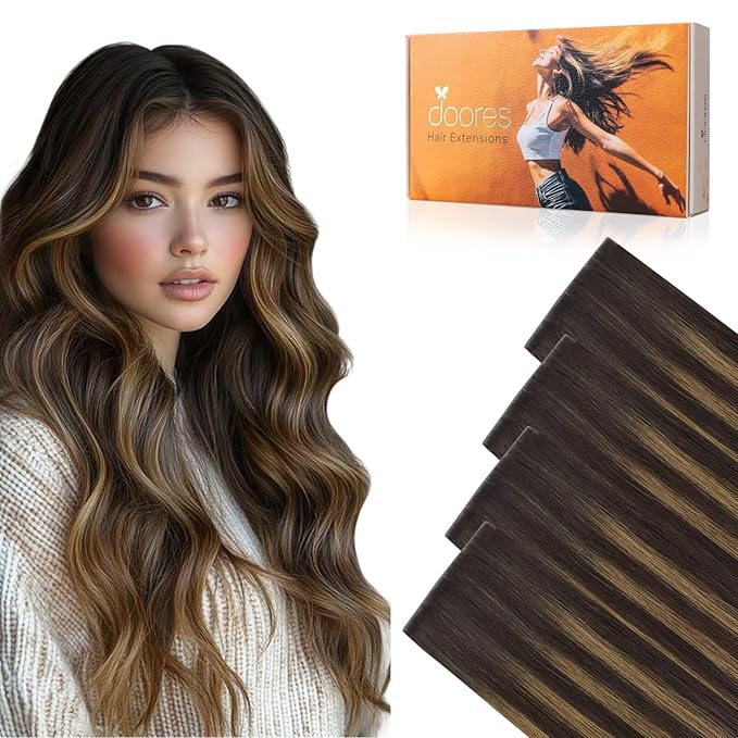 DOORES Invisi Edge Tape in Wide Hair Extensions Human Hair, Dark Brown to Chestnut Brown 4PCS Injection Tape ins 20g 20 Inch, Virgin Human 3 Inch Wide Injected Extensions Invisible