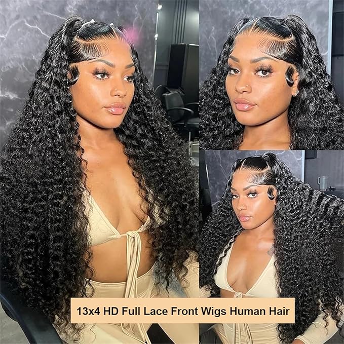 Deep Wave Lace Front Wigs Human Hair 200% Density 13x4 HD Transparent Full Lace Frontal Wigs Human Hair 12A Deep Curly Glueless Wigs Human Hair Pre Plucked for Black Women (22 Inch)