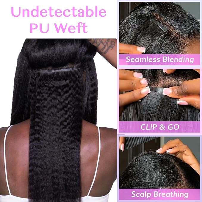 IDN BEAUTY Seamless Clip In Hair Extensions Human Hair, Kinky Straight 18 Inch 110g 7pcs Natural Black Remy Virgin Human Hair Seamless Clip Ins For Black Women PU Weft Invisible Edge