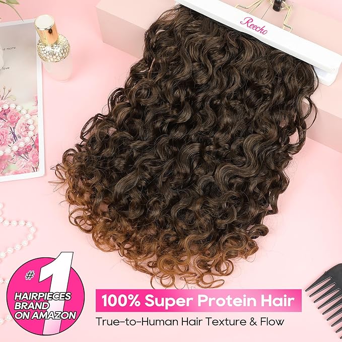REECHO Curly Hair Extensions - 4PCS 14" GoGo Curly Clip in Hair Extensions 100% Super Protein Hairpieces with Invisible Lace Weft Silky Soft Natural Look for Women - Chocolate Brown with Lighter Ends