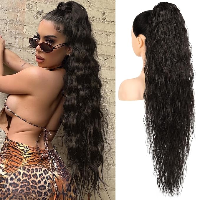 HOOJIH Ponytail Extension, 34 Inch Extra Long Drawstring Ponytail Black Brown Pony Tails Hair Extension Flurry Wavy Ponytails Soft Upgraded Synthetic Fiber Fake Ponytail Hairpiece for Women